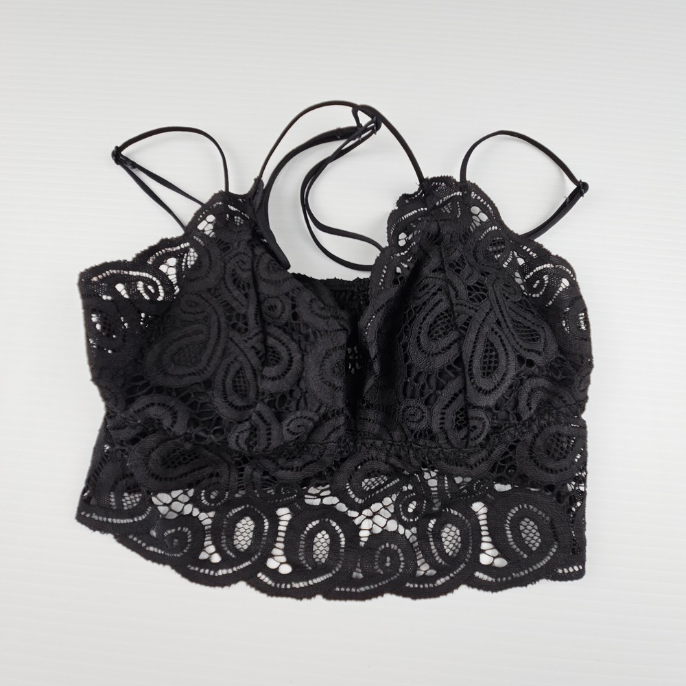 Victoria's Secret PINK Black Lace Bralette XS Strappy Smocked Boho Whimsigoth
